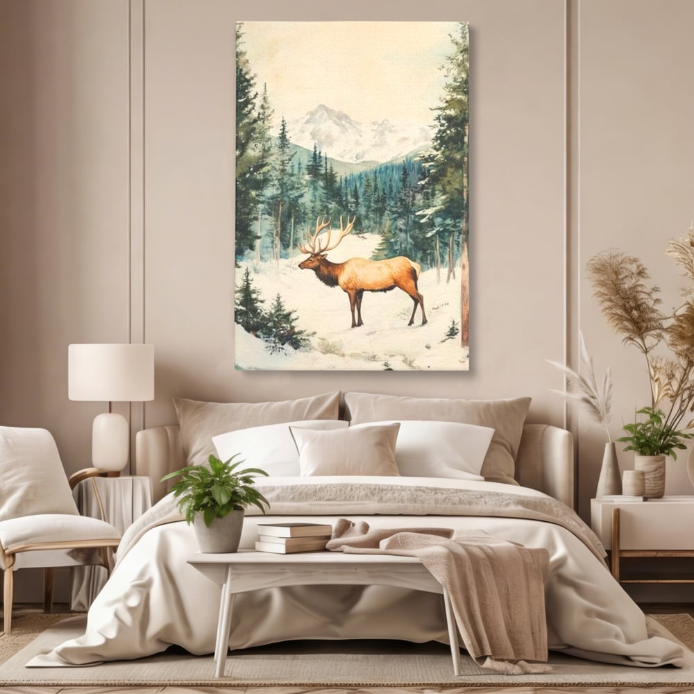 Tablou canvas cu tablou canvas cu cerb in zapada, fara rama, pe sasiu de lemn, pe perete intr-un dormitor